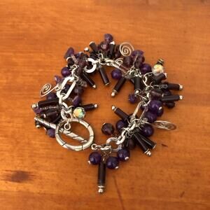 Vintage Timeless Purple Beaded Silver Plated Adjustable Silver Closure Bracelet